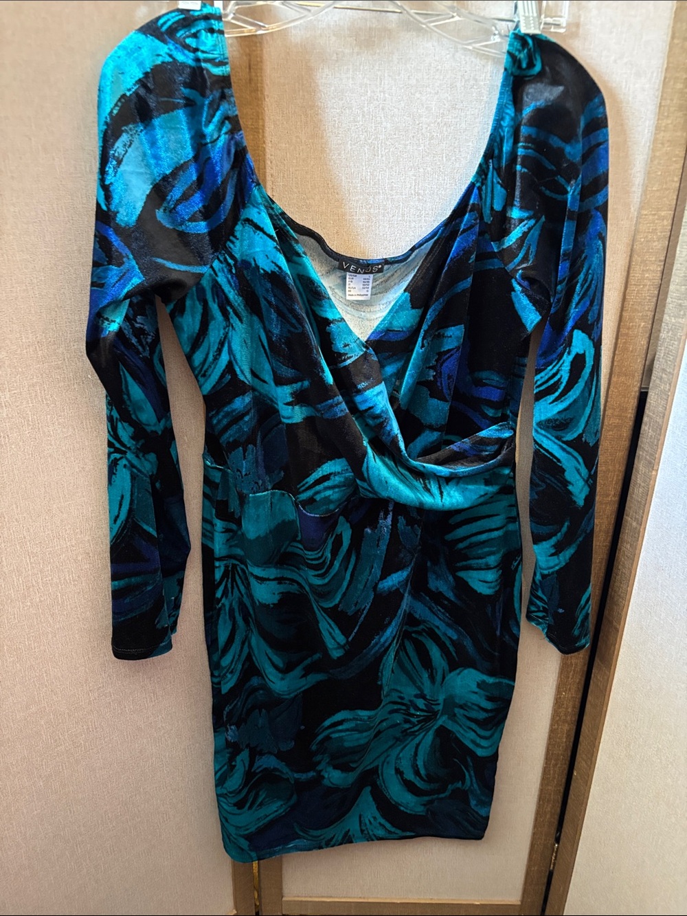 VENUS Teal & Black Surreal-Print Wrap-Front Long Sleeve Dress Large
